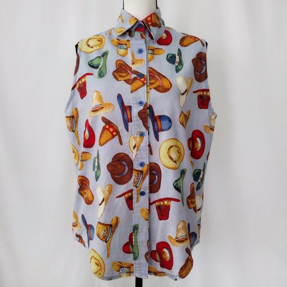 Vintage Tops - Vintage 1980s Homemade Sleeveless Cowboy Hat Novelty Print Shirt